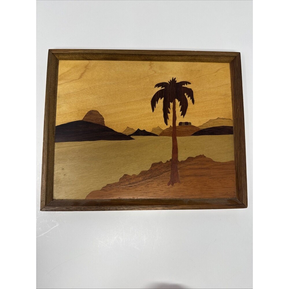 Vintage Old Wooden Inlaid Palm Tree Mountains Browns picture 9.5" x 7.5" framed